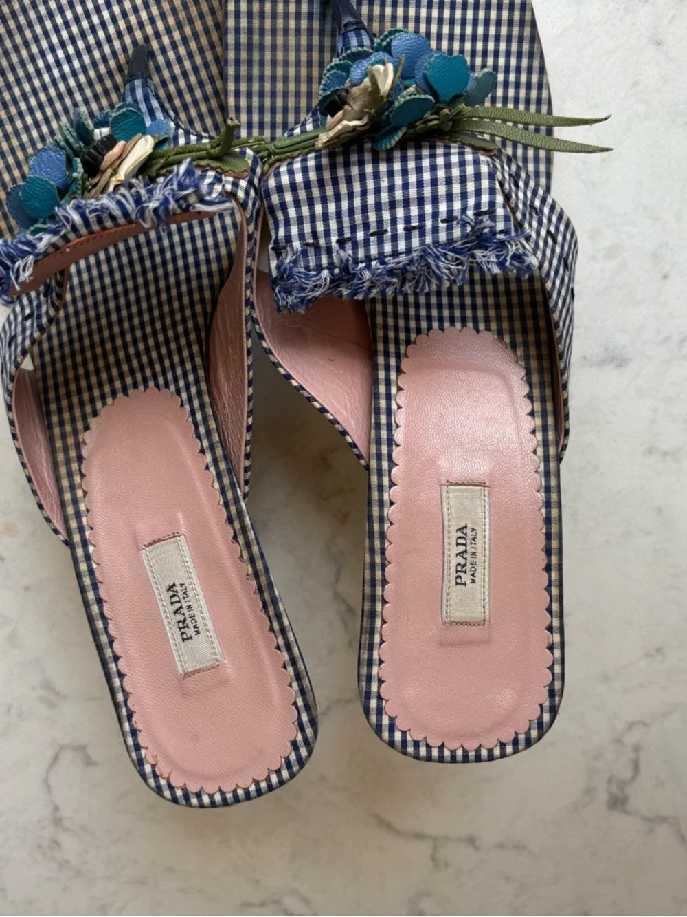 Vintage Prada Embellished Blue Checked Slide Sandals 38.5 - Picture 1 of 13